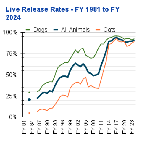 A graph of live release rates from FY 1981 to FY 2024